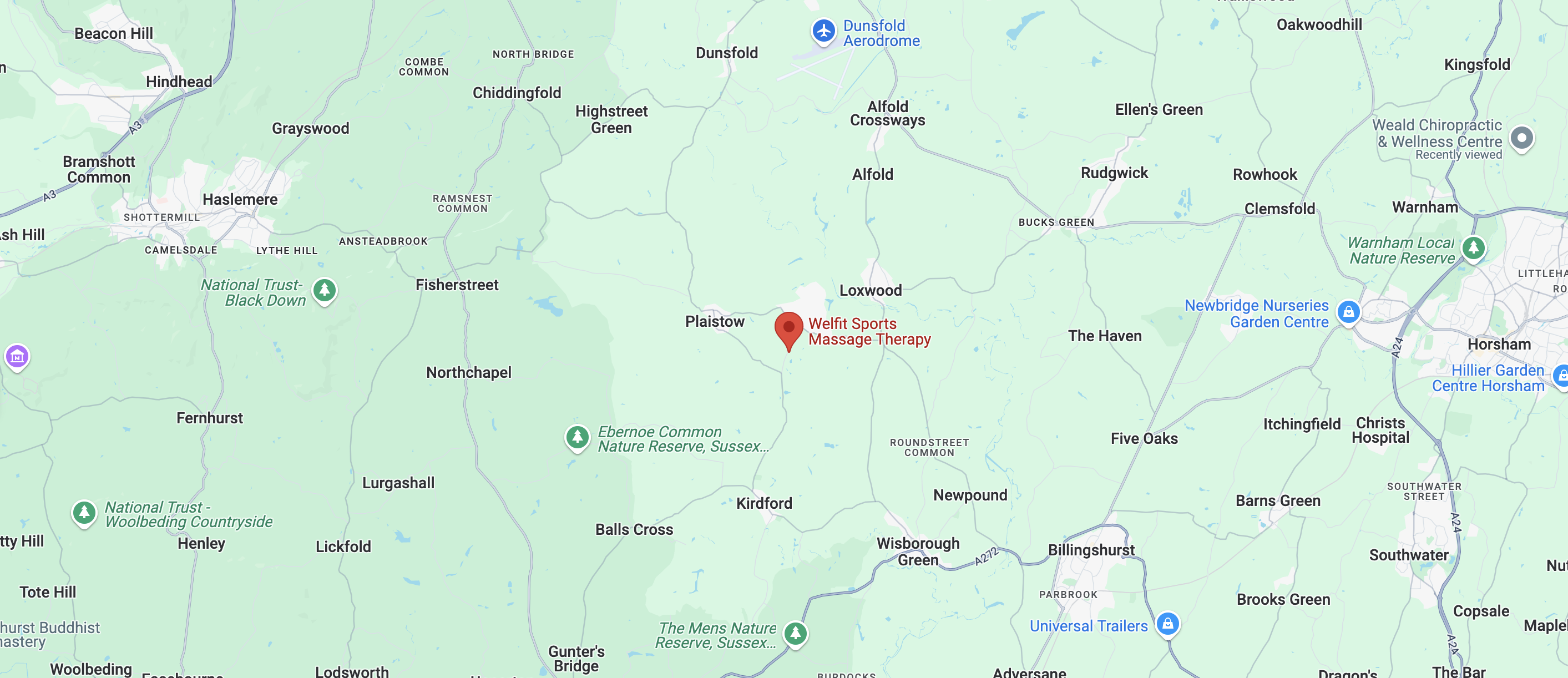 Map showing Welfit Sports Massage Therapy near Kirdford, West Sussex.